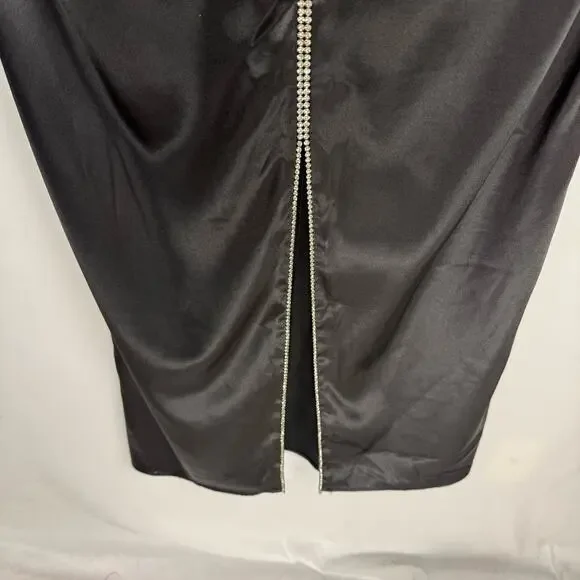 VTG ONYX NITE | Black Satin Gem Ruched Front Slit Maxi Y2K‎ Dress | Women's 14W - Picture 5 of 11